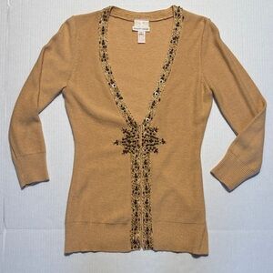 TRACY REESE BERGDORF GOODMAN Tan Embellished Trim V-Neck Cardigan Angora Wool SM